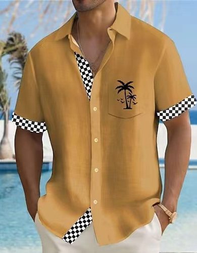 Geometric Stripe Element Coconut Tree Printed Shirt Men - Image 3