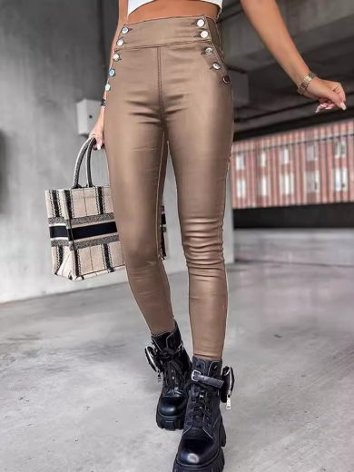 High Waist PU Leather Slim Fit Hip Raise Long Pants - Image 8