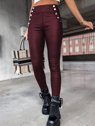 High Waist PU Leather Slim Fit Hip Raise Long Pants - Image 4
