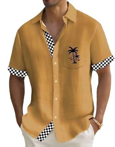 Geometric Stripe Element Coconut Tree Printed Shirt Men - Image 4