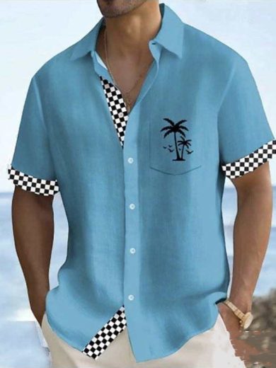Geometric Stripe Element Coconut Tree Printed Shirt Men