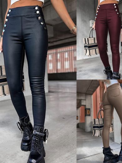 High Waist PU Leather Slim Fit Hip Raise Long Pants