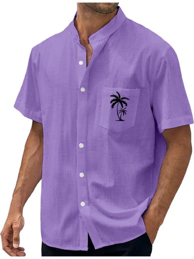 Geometric Stripe Element Coconut Tree Printed Shirt Men - Image 5