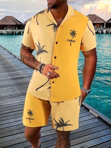 Coconut Tree 3d Printed Short Sleeve Shorts Suit - Image 6