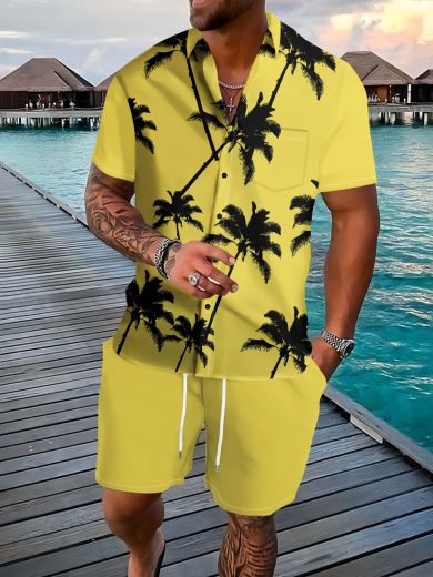 Coconut Tree 3d Printed Short Sleeve Shorts Suit - Image 2