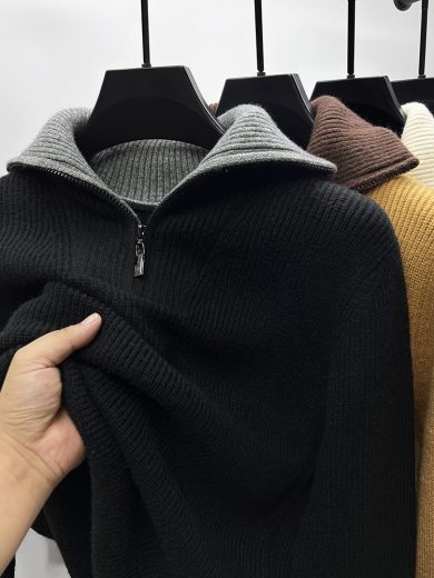 Knitwear Coat Men's Winter Lapel High Collar Sweater - Image 2