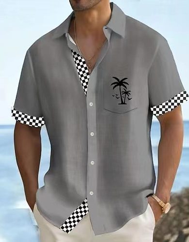 Geometric Stripe Element Coconut Tree Printed Shirt Men - Image 6