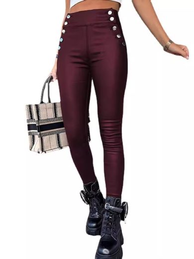 High Waist PU Leather Slim Fit Hip Raise Long Pants - Image 3