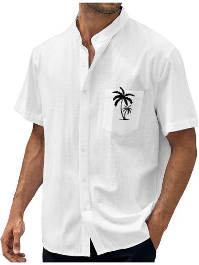 Geometric Stripe Element Coconut Tree Printed Shirt Men - Image 9