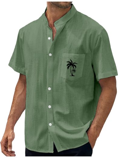 Geometric Stripe Element Coconut Tree Printed Shirt Men - Image 10