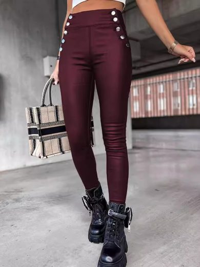 High Waist PU Leather Slim Fit Hip Raise Long Pants - Image 7