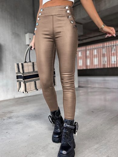 High Waist PU Leather Slim Fit Hip Raise Long Pants - Image 6